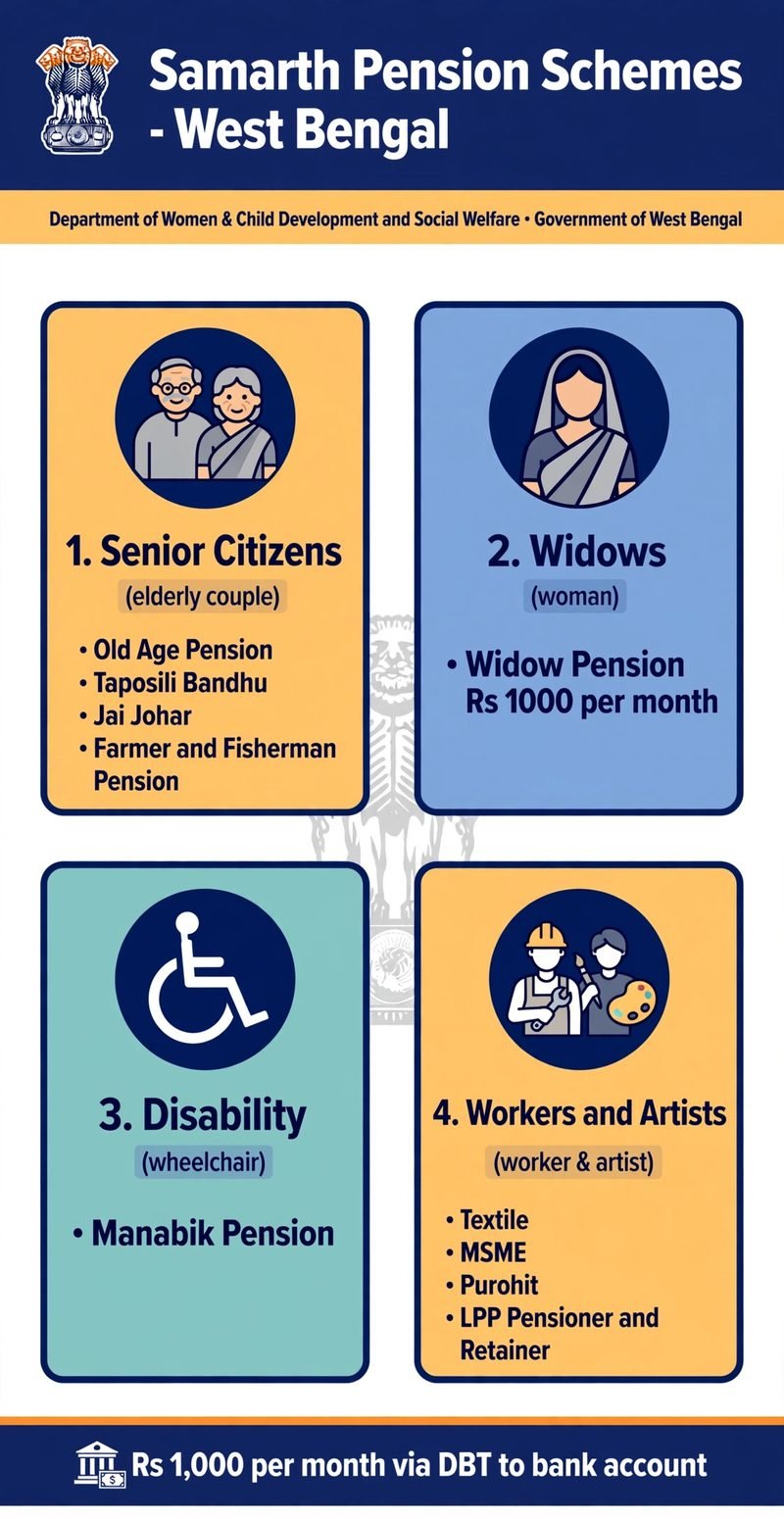 Samarth pension schemes West Bengal - senior citizens, widows, disability, workers infographic